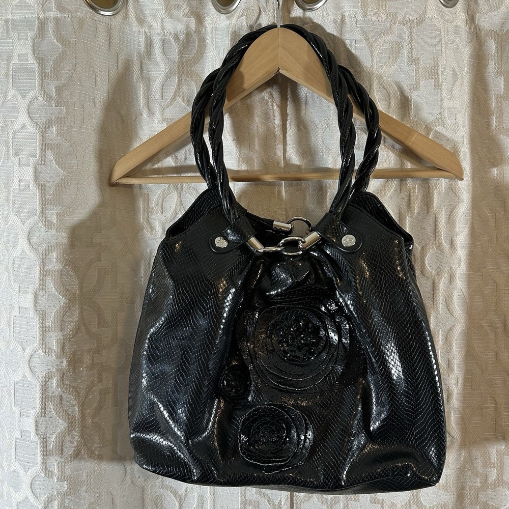 Relic Black Faux Snakeskin Shoulder Bag Floral Appliqué Braided Handles Large
